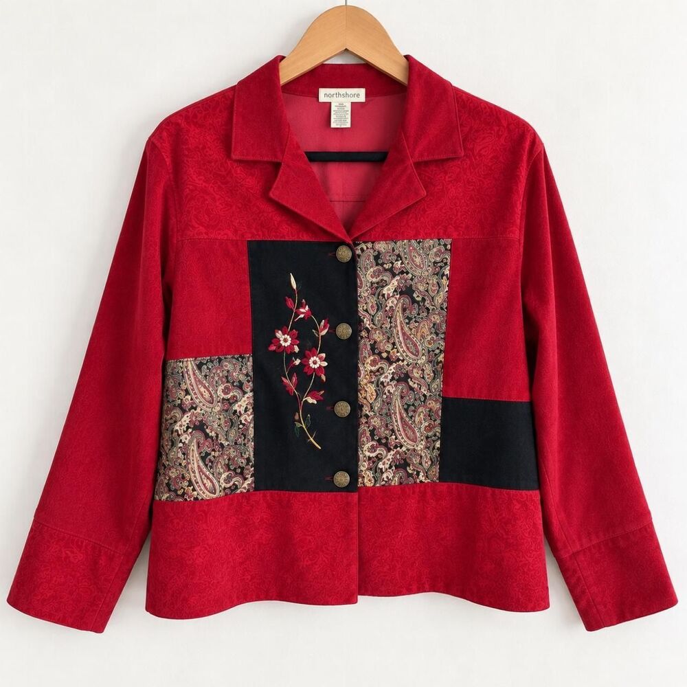Vintage Northshore Red Patchwork Paisley Embroidered Jacket 90s Boho Sz.L